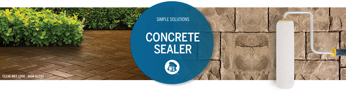 Glossy pavers, rustic concrete pavers, sealant roller. Graphic in blue: Simple solutions concrete sealer.