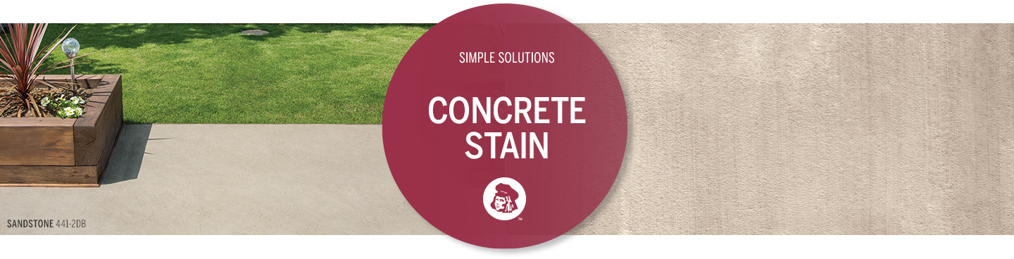 Concrete driveway with planter, flowers and lawn. Dry concrete. Graphic in maroon: Simple solutions concrete stain.