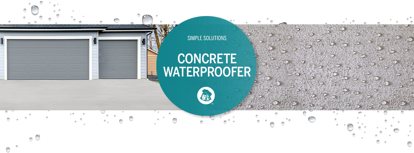 Three-car garage with concrete driveway, beads of water on concrete. Graphic in aqua: Simple solutions concrete sealer.