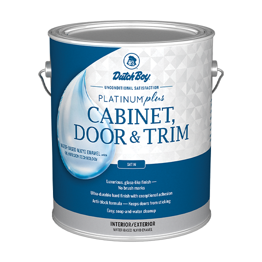 A can of Dutch Boy Platinum Plus Cabinet, Door & Trim Satin interior paint.