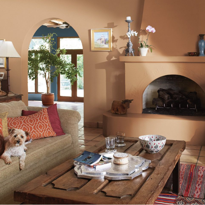 Living room with arched doorway and fireplace, dog sits on couch with a coffee table. Walls painted the color sweetened tea.