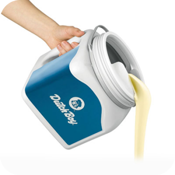 A one-gallon can of paint is held by the handle, pouring out yellow paint.